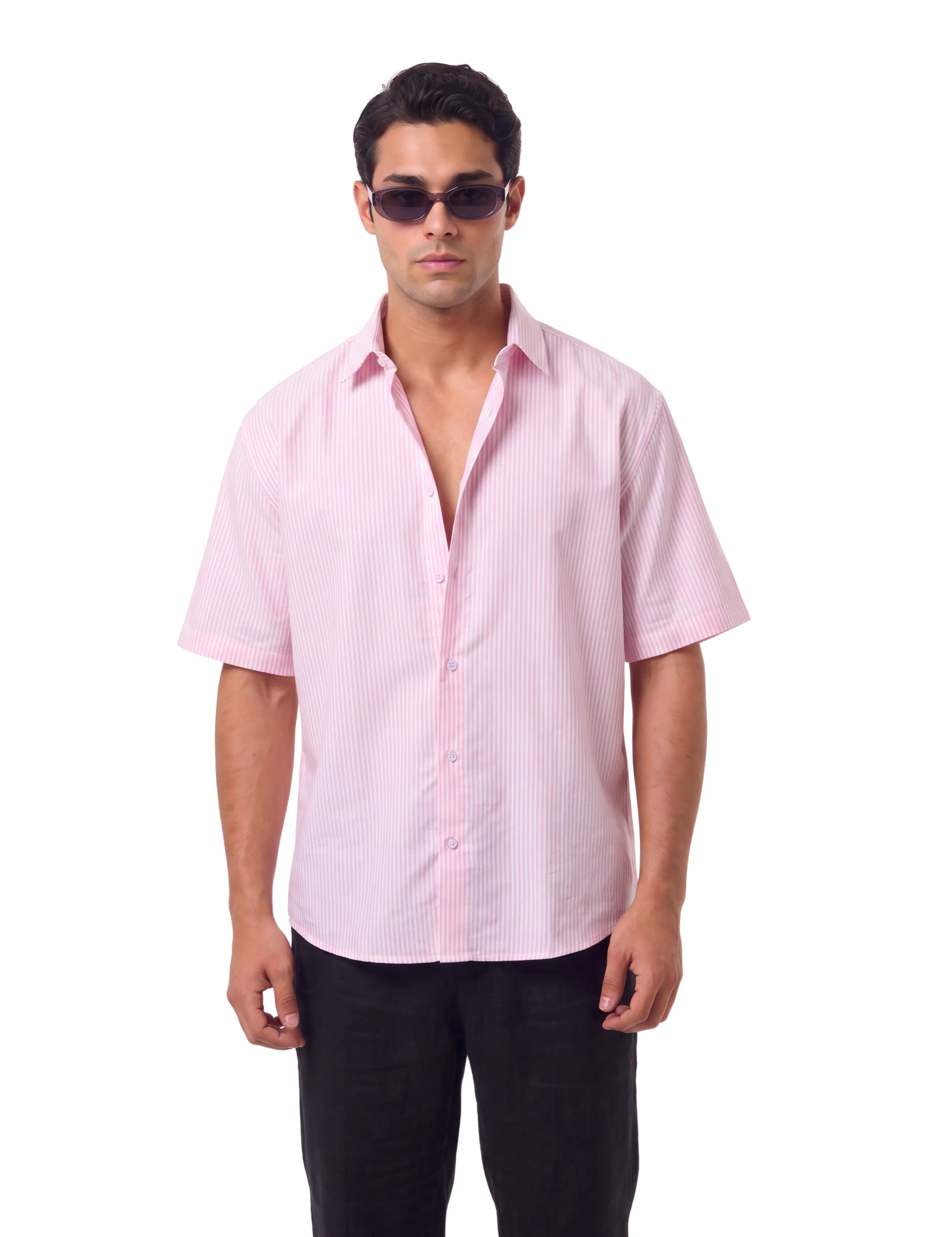 Oversized Short Sleeve Shirt  – Powder Pink Stripe