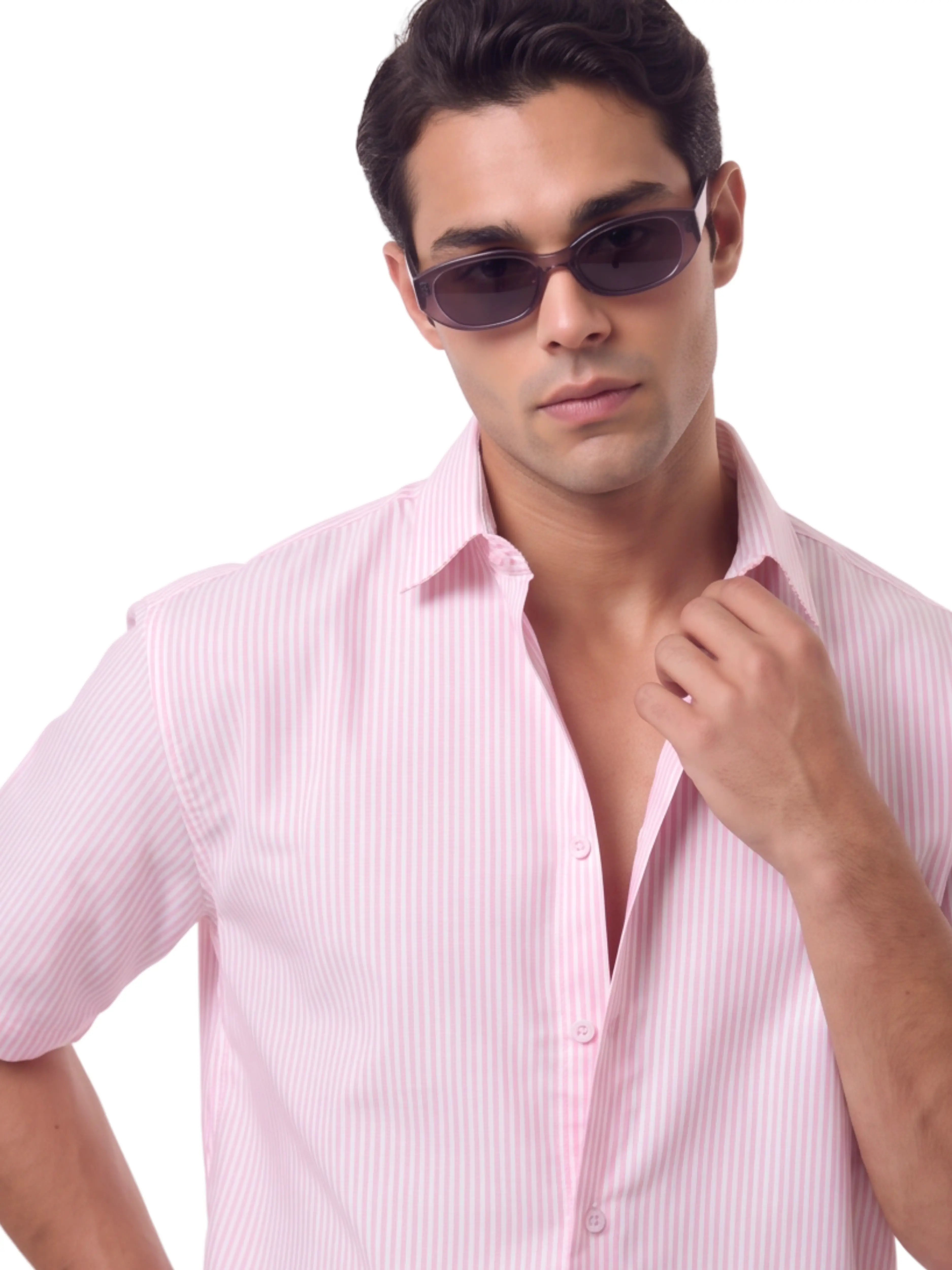Oversized Short Sleeve Shirt  – Powder Pink Stripe
